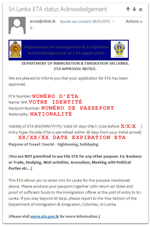 Visa voyage Sri Lanka - mail de confirmation